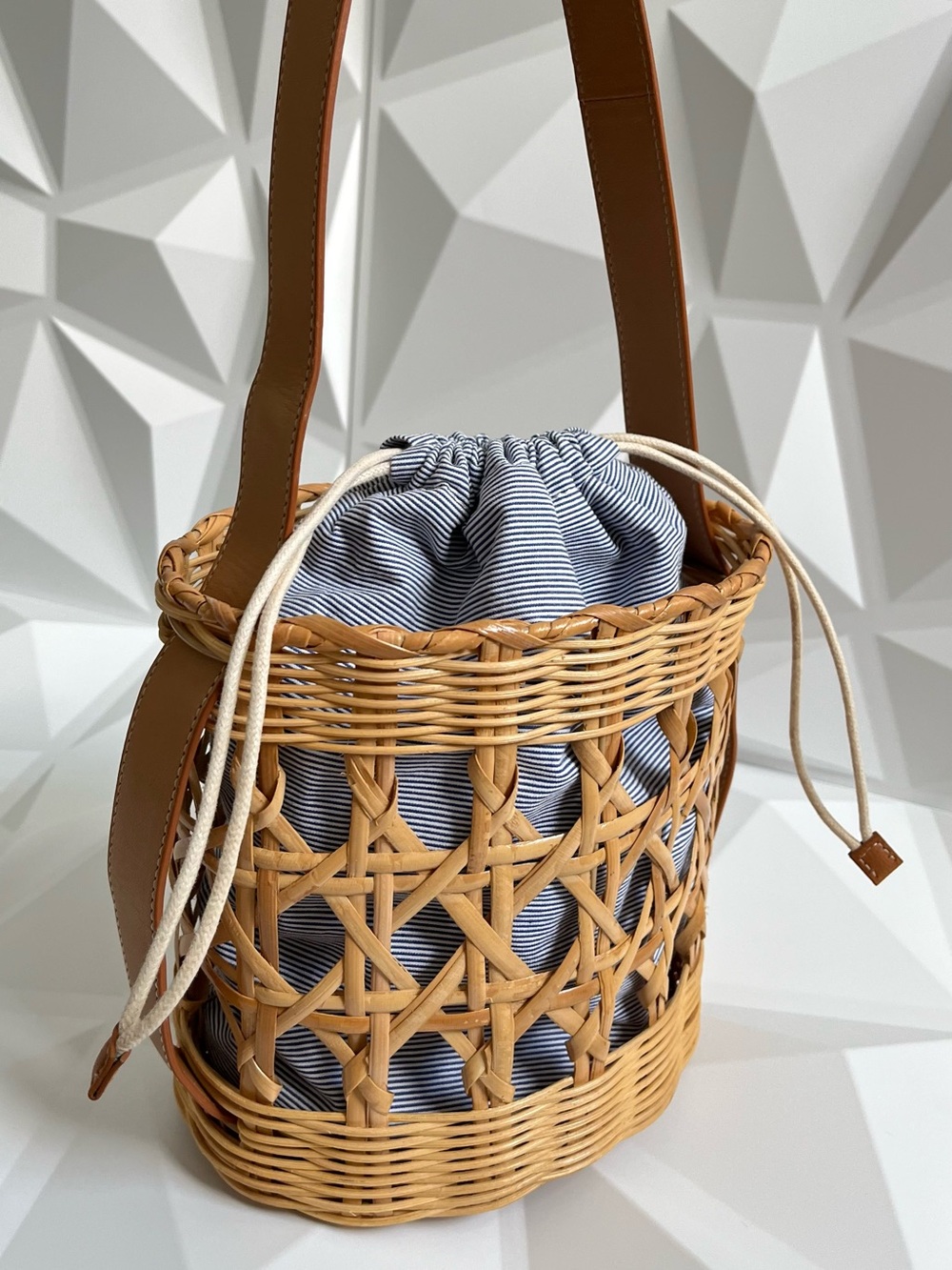 J. McLaughlin Wicker Handbag Natural Woven Rattan Bucket Bag Drawstring Closure